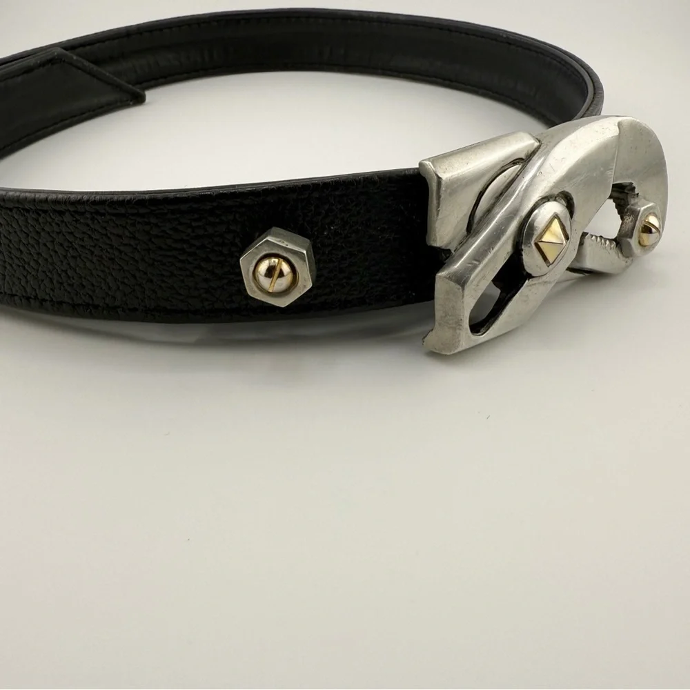 Black Leather Belt Industrial Tool Buckle Silver Hardware Adjustable Waist Belt